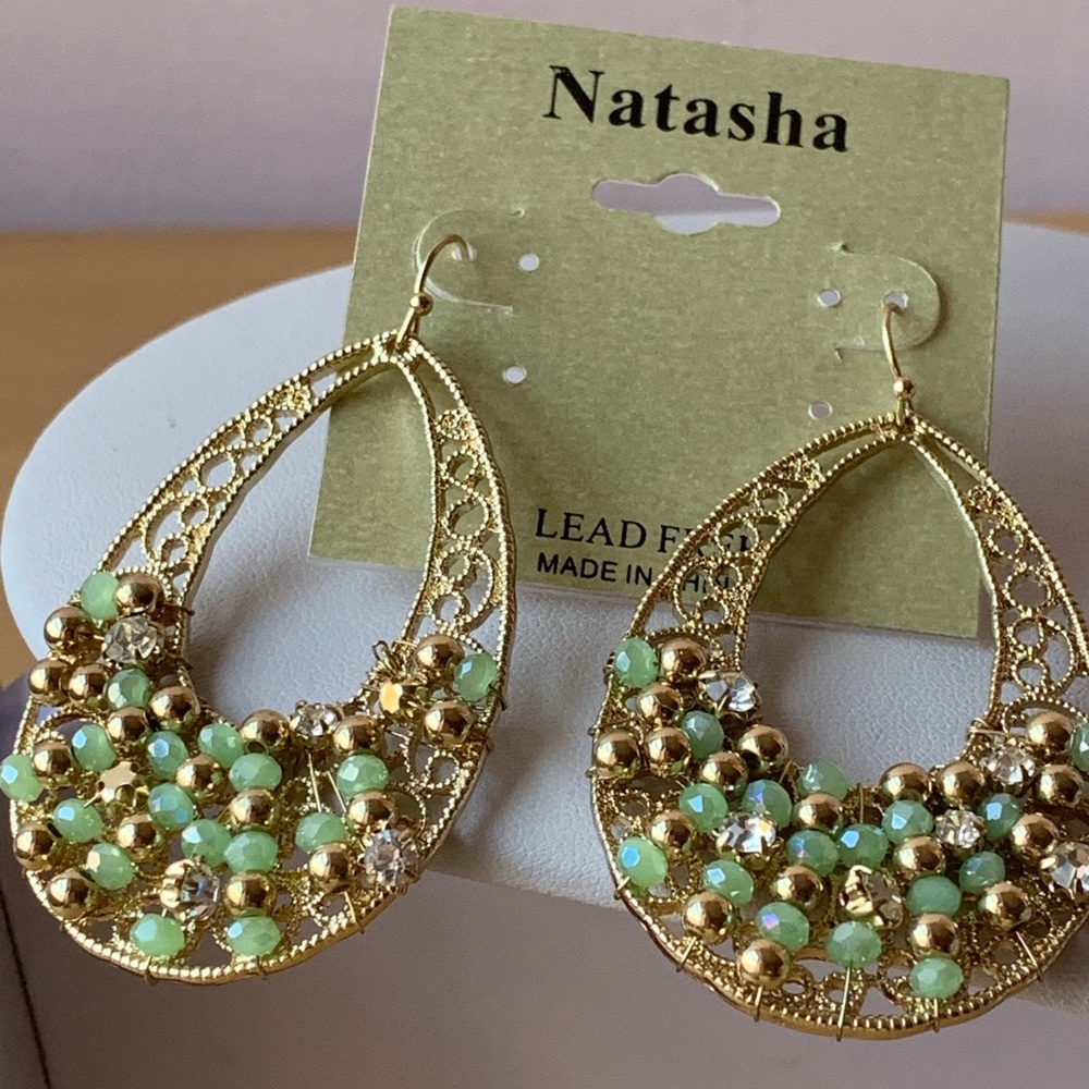 Large Filigree Drop Earrings Peridot color beads